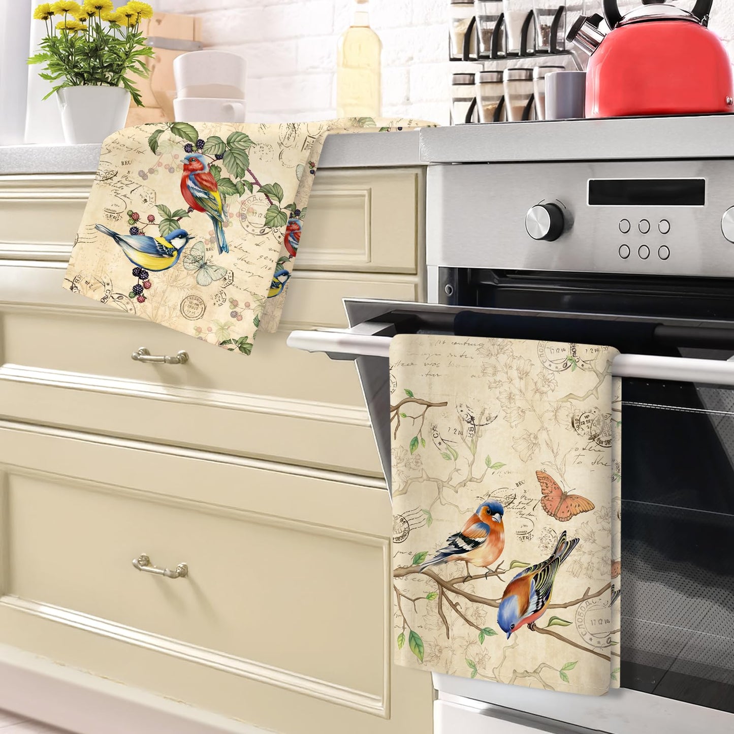 Arquiel Retro Birds Tea Towels, 100% Cotton Kitchen Towels, Set of 4