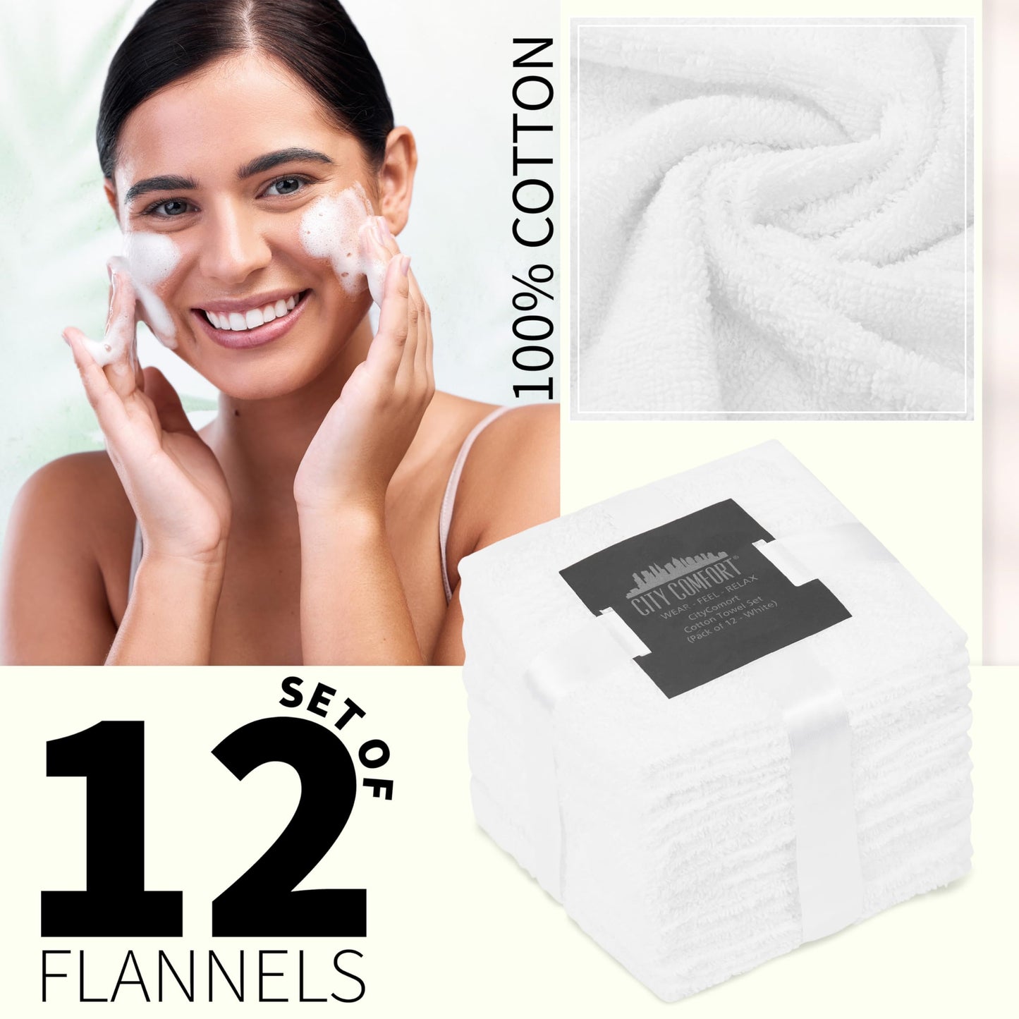 CityComfort Flannels Pack of 12 Face Towels 100% Cotton 550 GSM 30x30cm Highly Absorbent Soft Wash Cloth Household Essentials (White - 12 Pack)