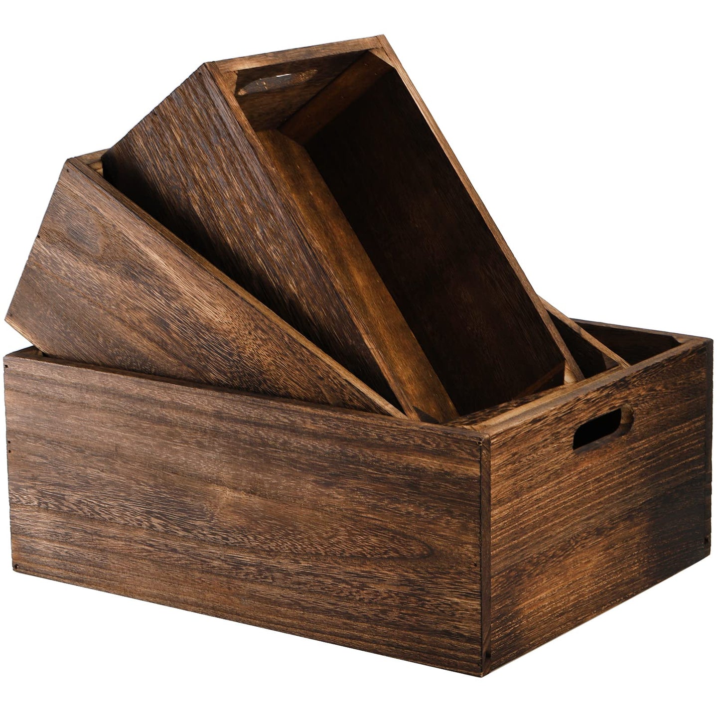 Frcctre Set of 3 Wooden Storage Boxes with Handles, Farmhouse Wood Decorative Boxes, Rustic Handmade Storage Containers, Natural Solid Wood Basket