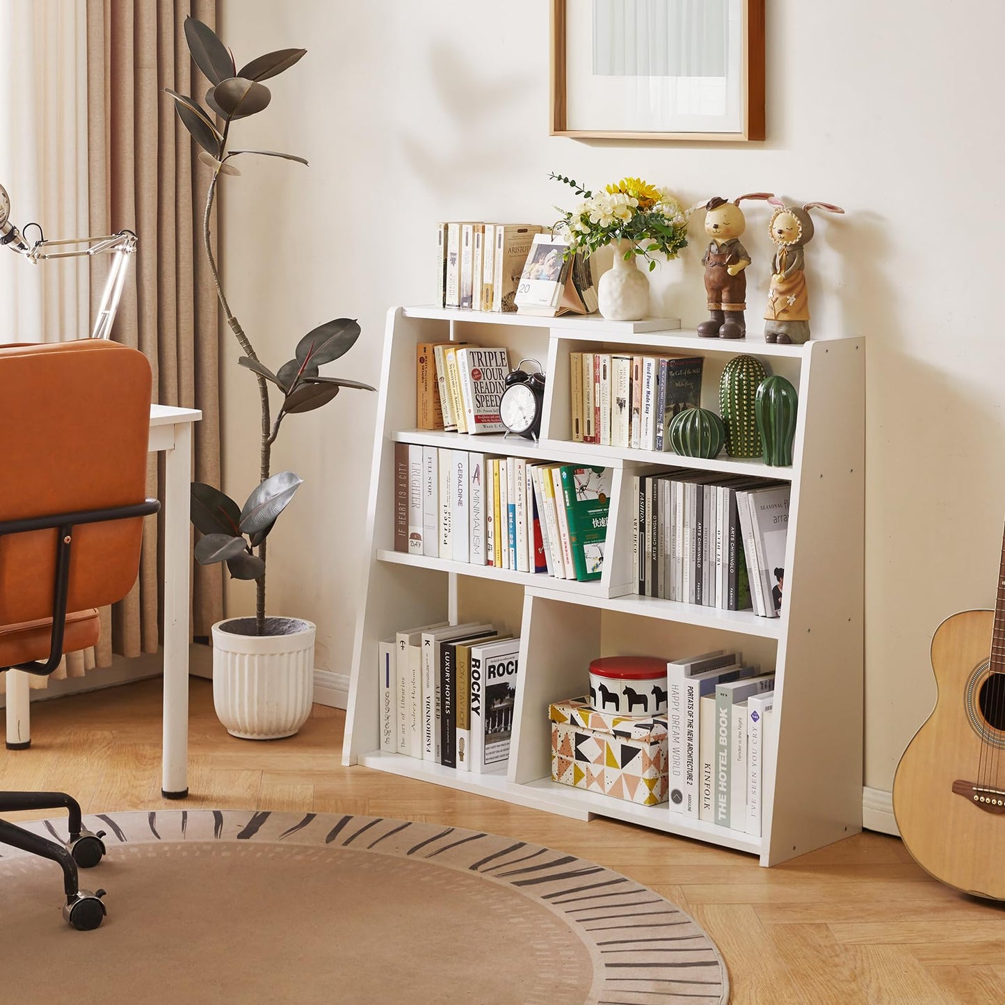Aibiju Wooden Extendable Shelf Bookcase, Bookshelf, Storage Shelf with 6 Compartments, 3-Tier Ladder Low Short Bookshelf for Small Space or Corner