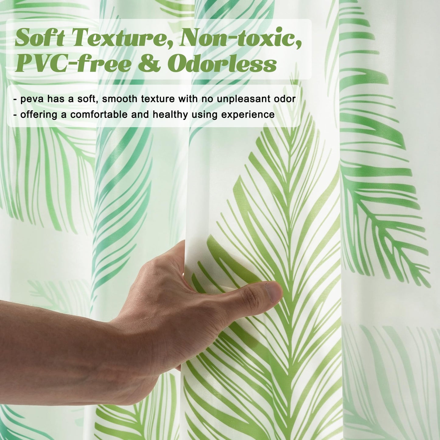 Vllcsla Shower Curtain 180x180 cm Green Leaves, PEVA Extra Long Wet Room Bathtub Curtain, Waterproof Longer Length Bathroom Curtains 180 to 240 cm