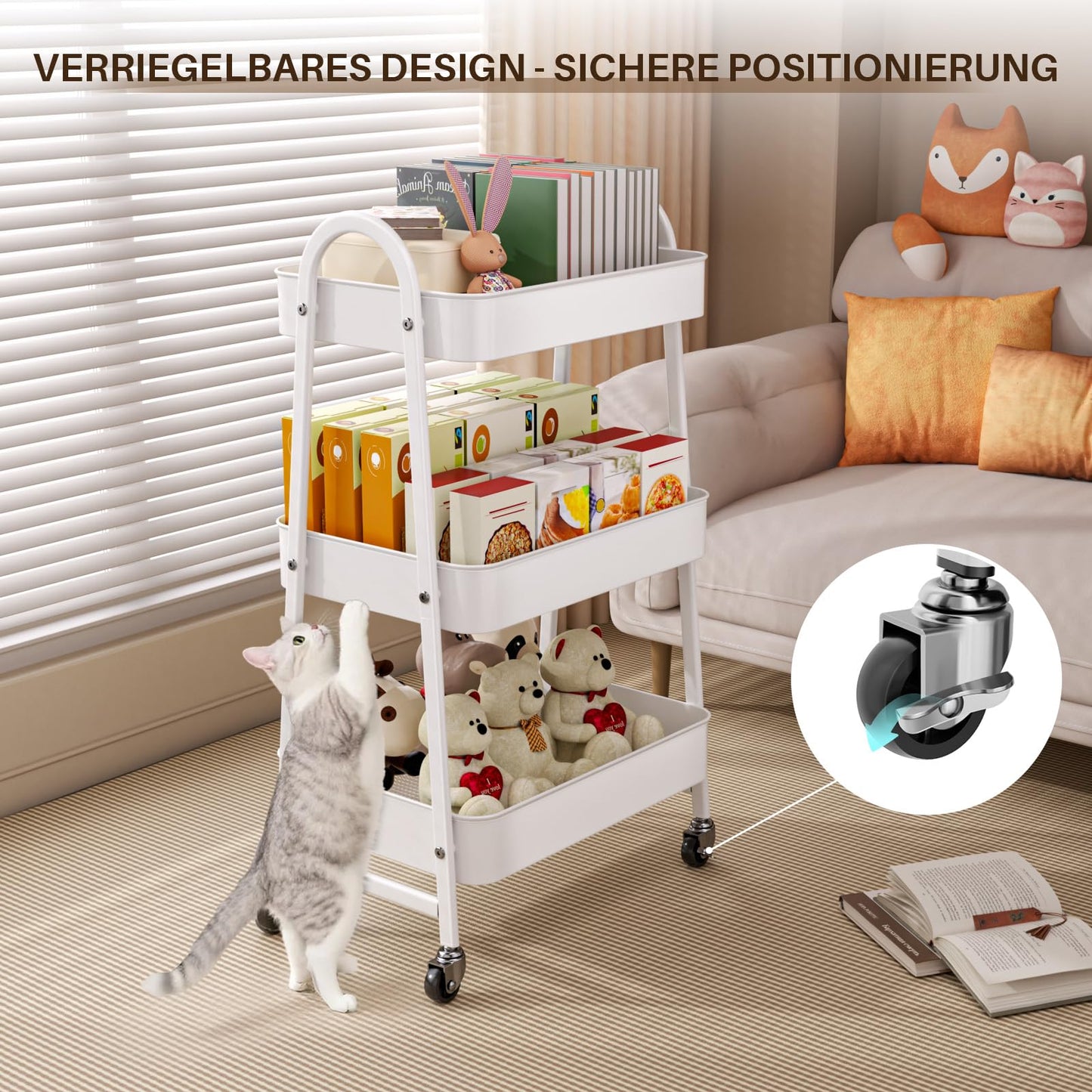 StowBin 3 Tier Metal Rolling Cart Kitchen Storage Cart with Wheels Serving Cart for Living Room Bathroom Office Bedroom White