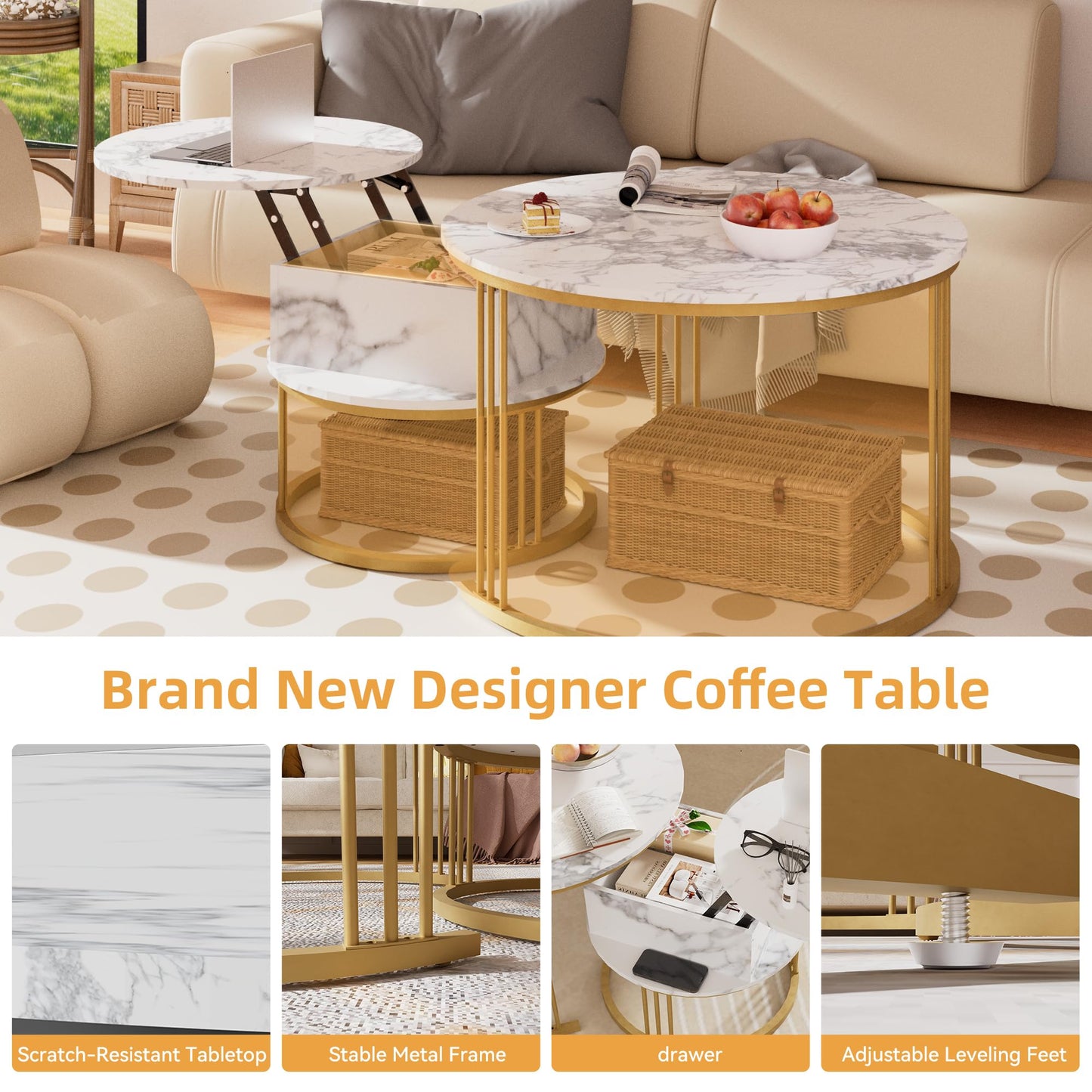 PURFINO Round Coffee Table - 70cm/50cm Nesting Tables Set of 2, Hydraulic Lift-Top with Hidden Storage, Centre Table for Living Room, Small Space