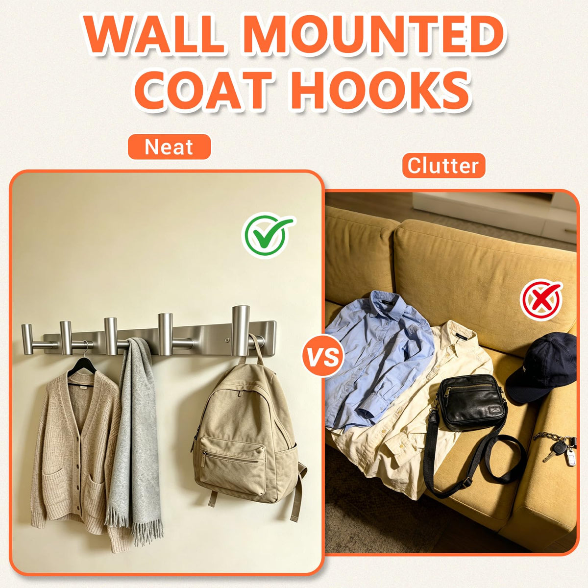 TOEKSIX Silver Steel Wall Coat Rack 15.6in, 5 Hooks for Bathroom Bedroom