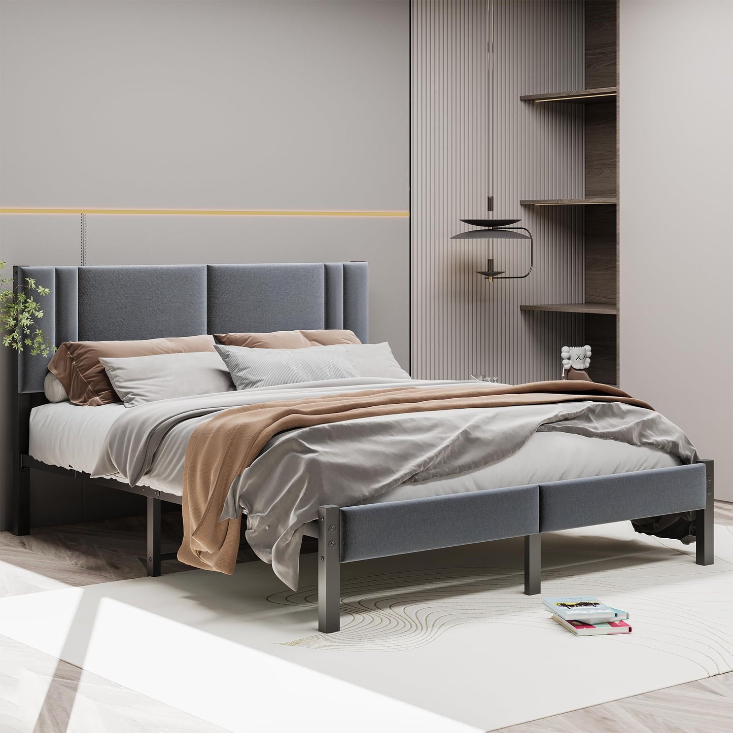 HAHRIR King Size Bed Frame Upholstered Platform with Headboard,150?200cm Metal King Size Bed Frame with Slats Support,Mattress Foundation, Dark Grey