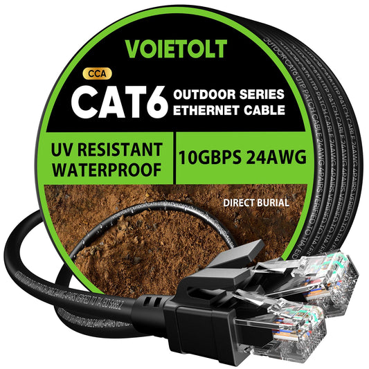 VOIETOLT Outdoor Cat 6 Ethernet Cable 25m, Water Resistant Direct Burial LLDPE UV Jacket - 24AWG 10Gbps High Speed Gigabit Internet Network Cable -