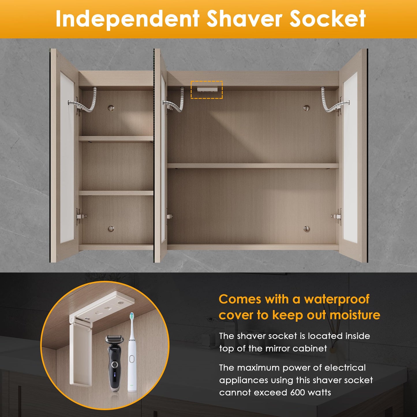 ELEGANT LED Bathroom Mirror Cabinet with Shaver Socket, Beige, 900x600mm