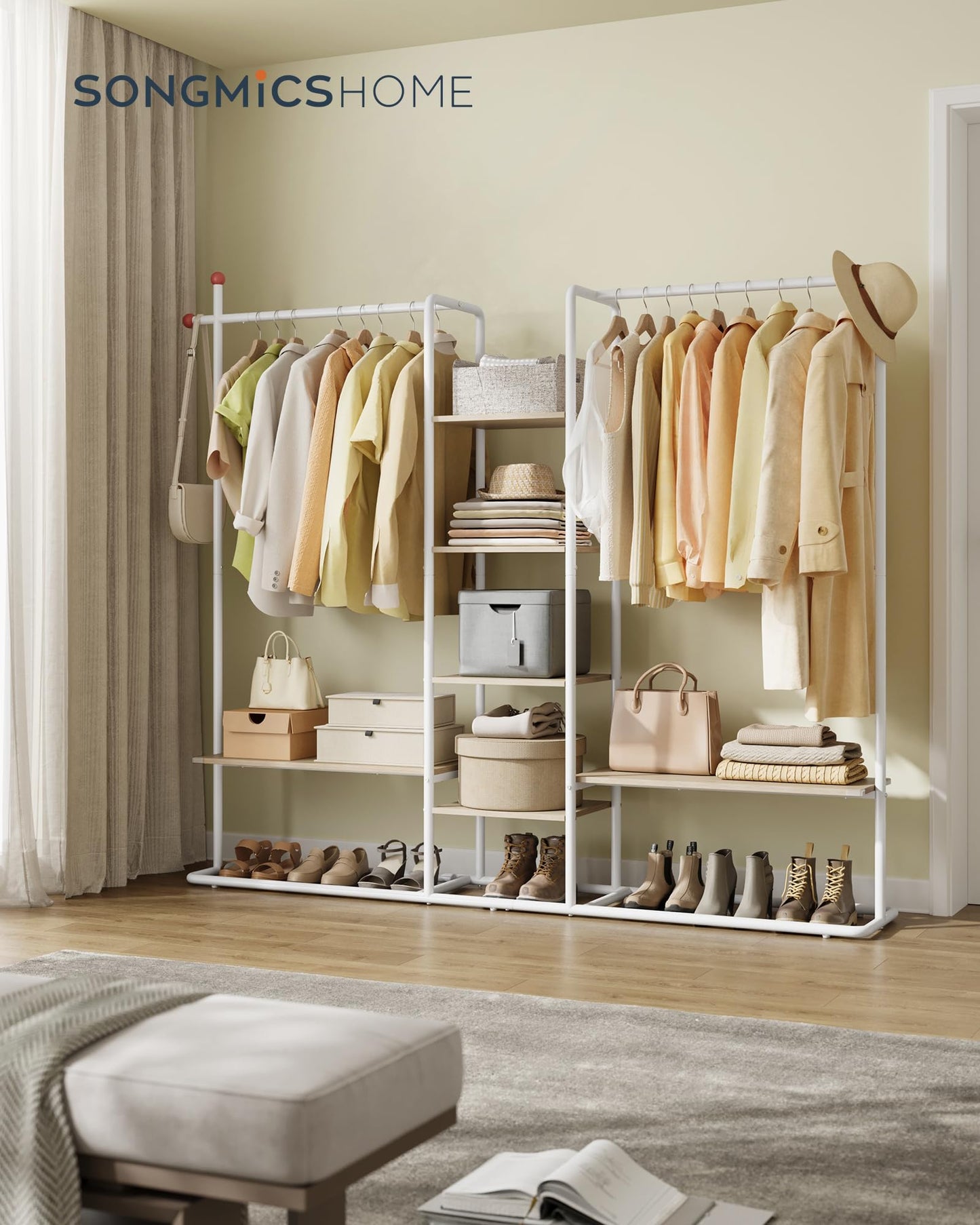 SONGMICS HOME Clothes Rail, Clothes Rack with Shoe Shelf, Heavy-Duty Storage Rack, 6 Storage Shelves, 2 Hanging Rails, Matchstick-Shaped Hooks