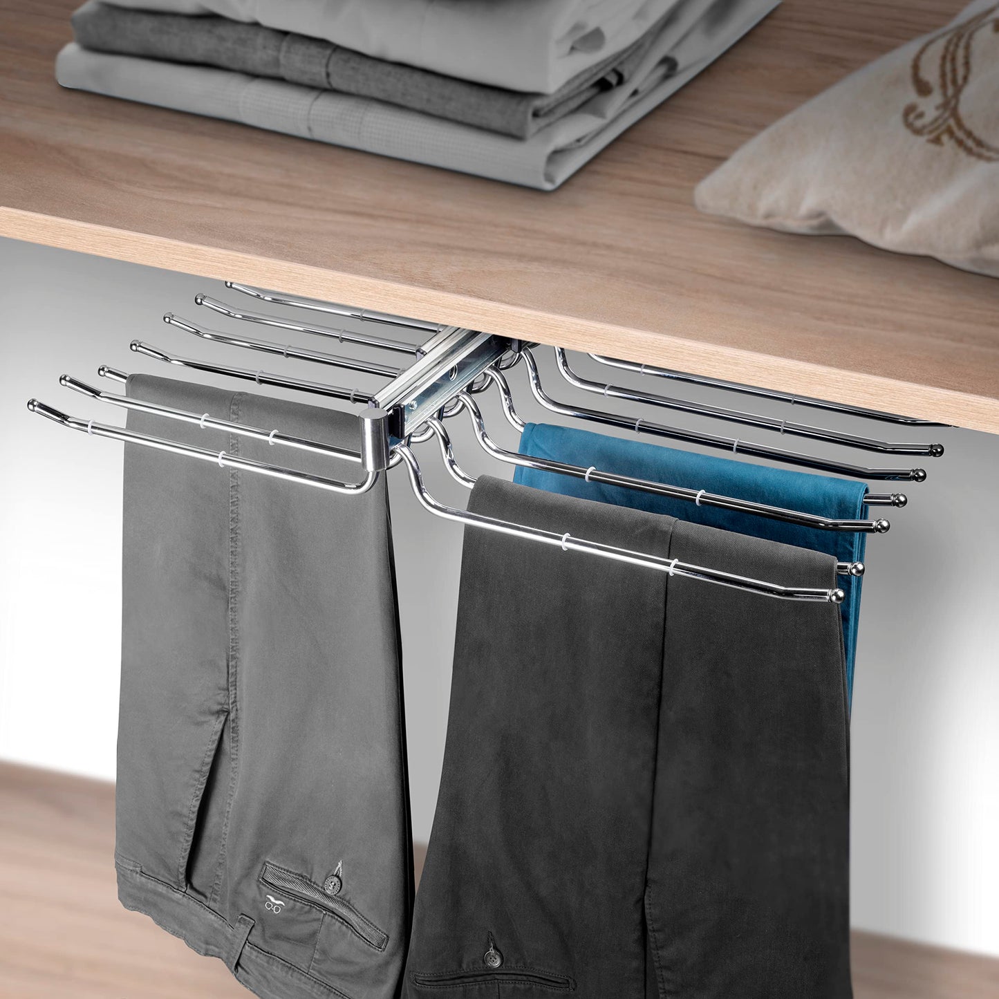 Emuca - Pull-out double trouser rack for wardrobe, pullout anti-slip hanger for 18 pairs of trousers, steel, chrome-plated.