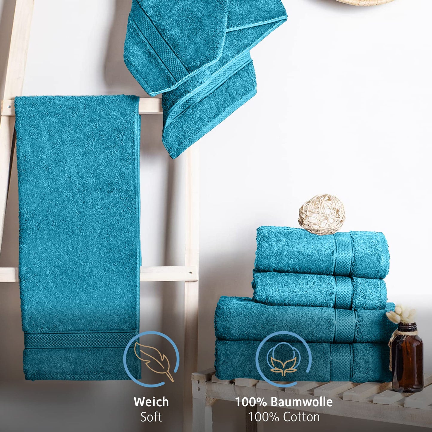 Komfortec Set of 2 hand towels 50 x 100 cm made from 100% cotton, 470 g/m², terry towelling, soft, turquoise