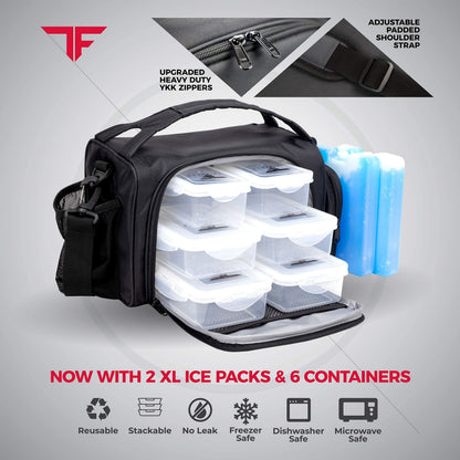 ThinkFit Insulated Meal Prep Lunch Box with 6 BPA-Free, Reusable, Microwavable, Freezer Safe Food Portion-Control Containers, Shaker Cup, Pill