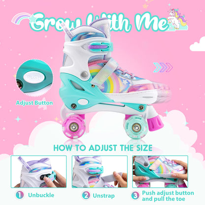 SULIFEEL Rainbow Unicorn 4 Size Adjustable Light up Roller Skates for Girls Boys for Kids - Large 2-5 UK