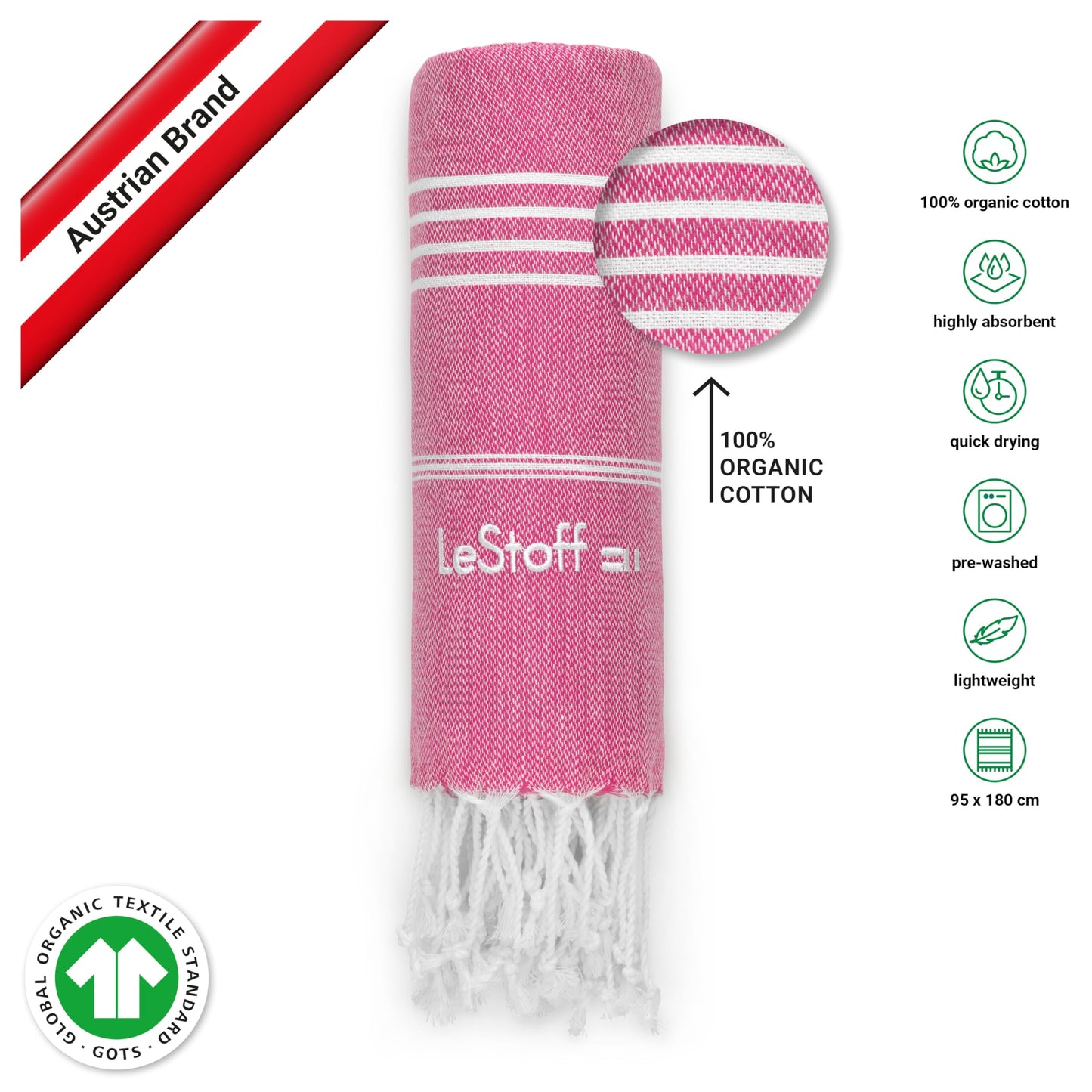 LeStoff 2 Hammam Towels/Beach Towels, Organic Cotton, 95x180, Fuchsia/Beige