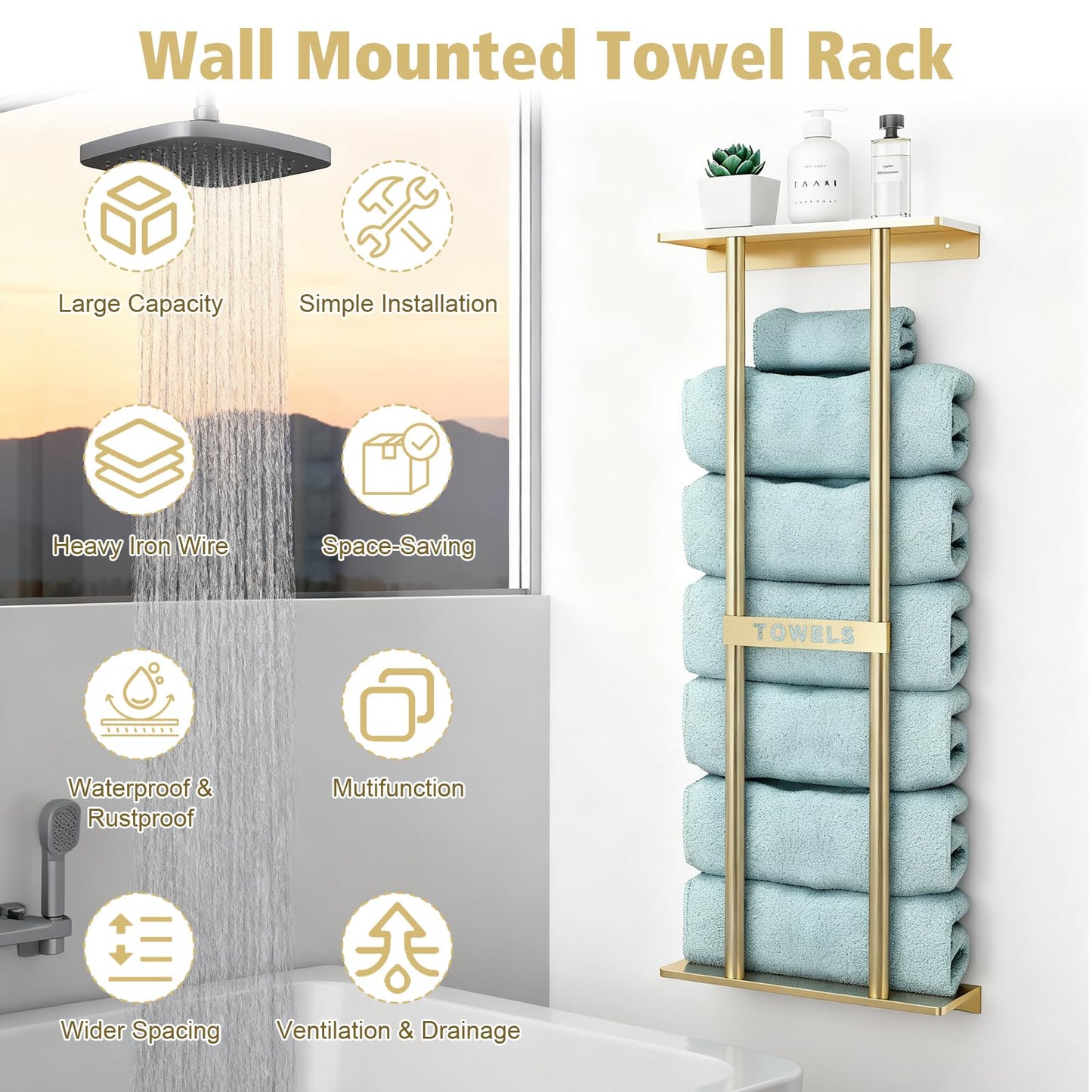 Gold Towel Rack Wall Mounted Large Bathroom Towel Holder with Shelf