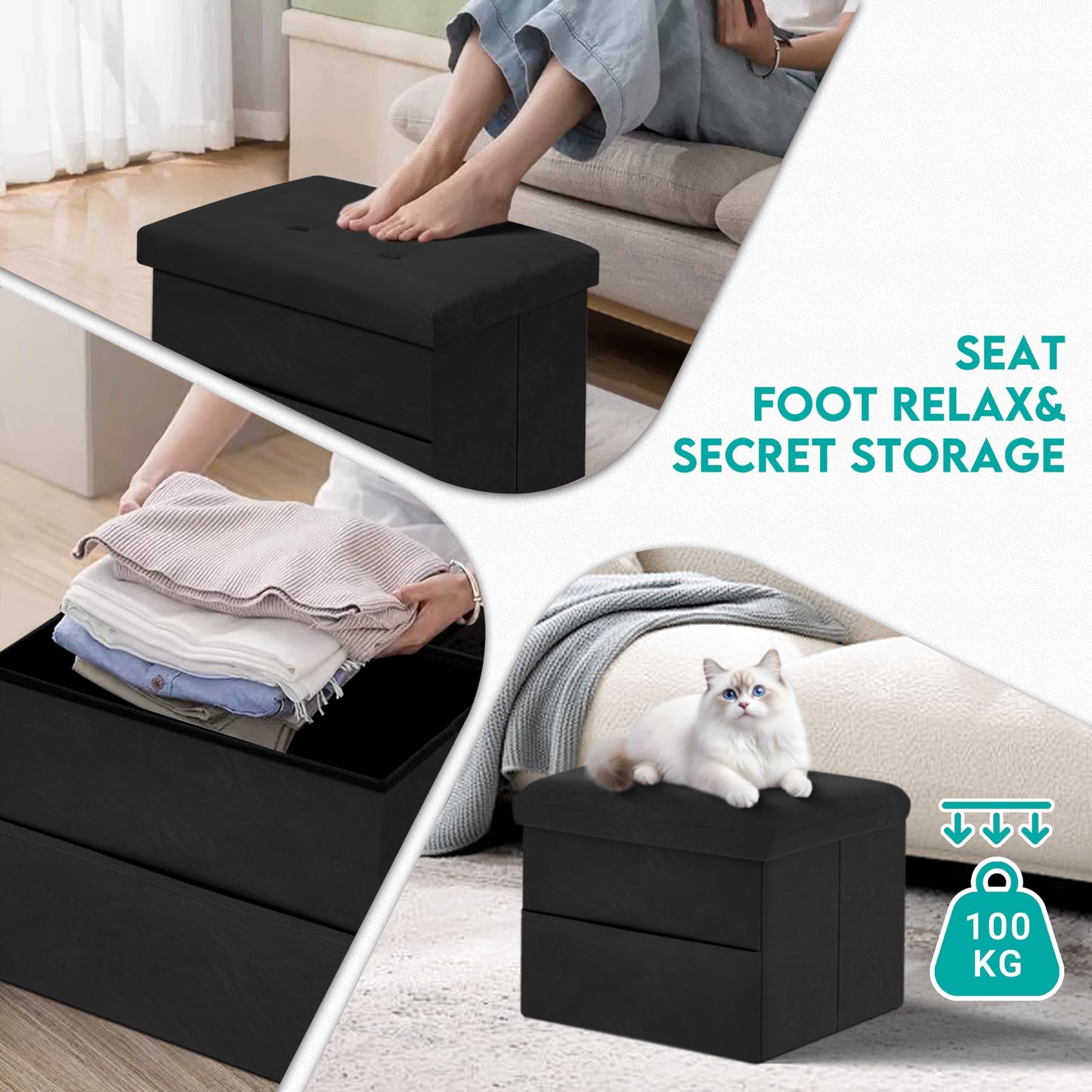 ZOESTORAGE Ottoman Storage,Small Black Ottoman Storage Box,Ideal for Living Room,Bedroom,Dorm,40 x 30 x 30 cm,Black