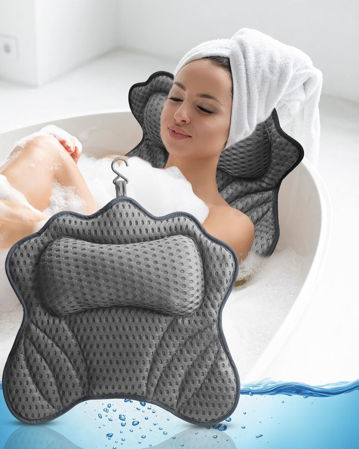 Bath Pillow, 4D Bath Pillows Spa Headrest, Ergonomic Mesh SPA Tub Pillow with 6 Non-Slip Suction Cups with Head, Neck, Shoulder and Back Support