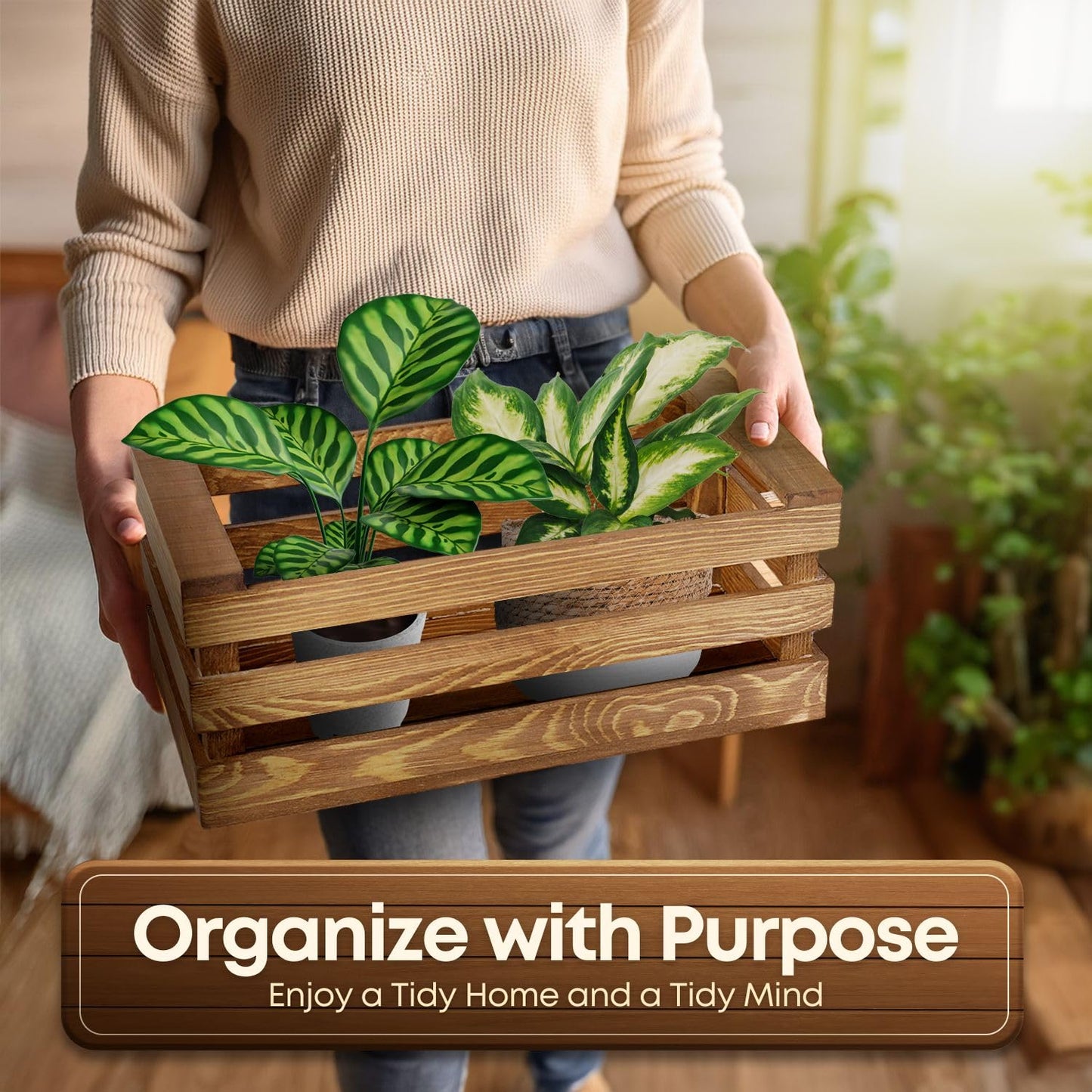 Flexzion Wooden Crate Box with Handles, 2 Pack Natural Brown Wood Crates for Storage and Display, Large & Medium Nesting Crates for Home, Kitchen
