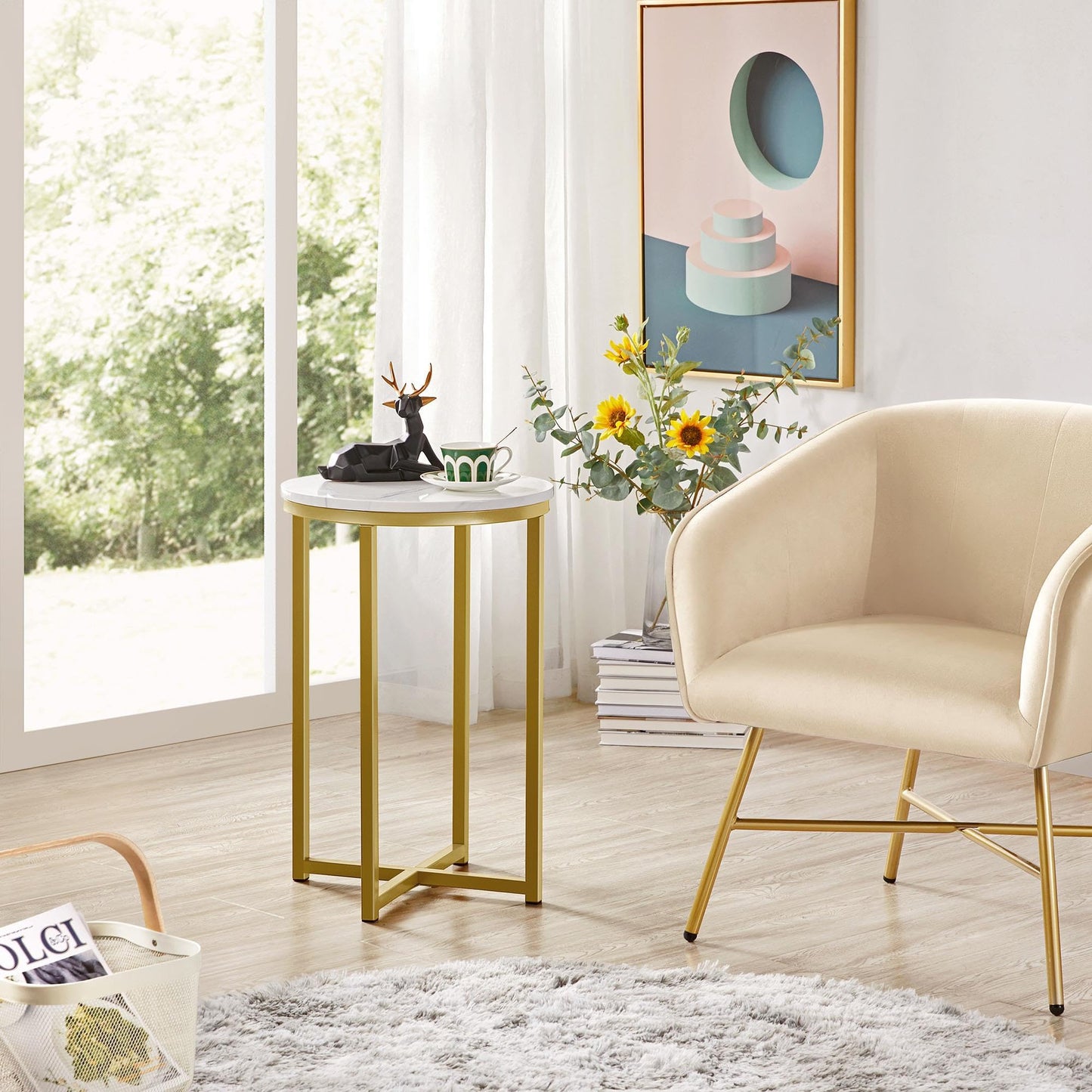 Yaheetech Round Faux Marble Side Table with X-Frame, Mustard Gold