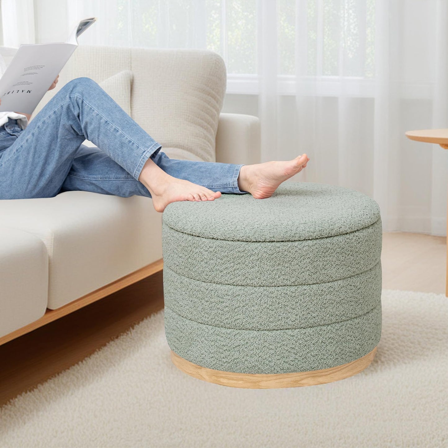 PINPLUS Round Chenille Storage Ottoman, Tray Top, 58x58x44 cm, Sage Green