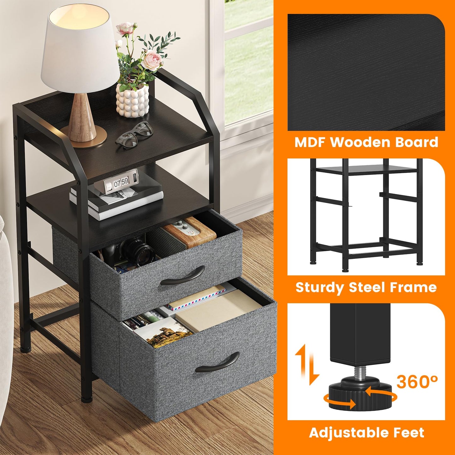 Feonase Set of 2 Bedside Table with 2 Fabric Drawers & Open Shelf - Sturdy Metal Frame Nightstand, Compact End Table for Bedroom, Living Room