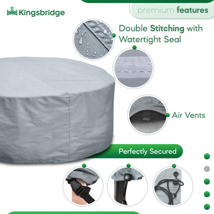 Kingsbridge Grey Heavy Duty 600D Waterproof Round Patio Table Cover 220cm, Anti UV, Breathable, Double Stitching, 220x80cm