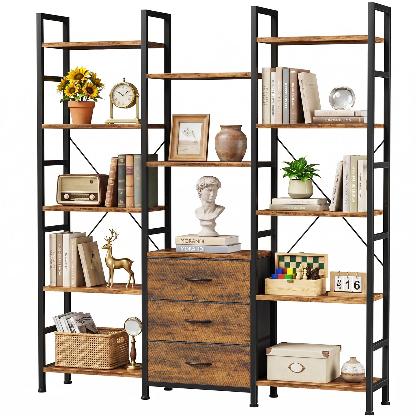 OYRREU 5-Tier Bookcase with Drawers, 120cm Wide Rustic Brown Shelving Unit