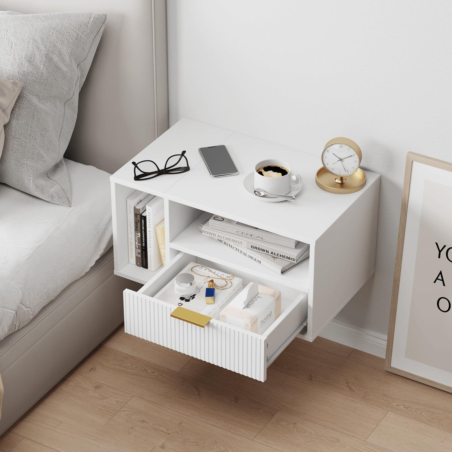 JERX Floating Bedside Table, Wall Mounted Nightstand with Storage Drawer Modern Wooden Bedside Table for Bedroom White