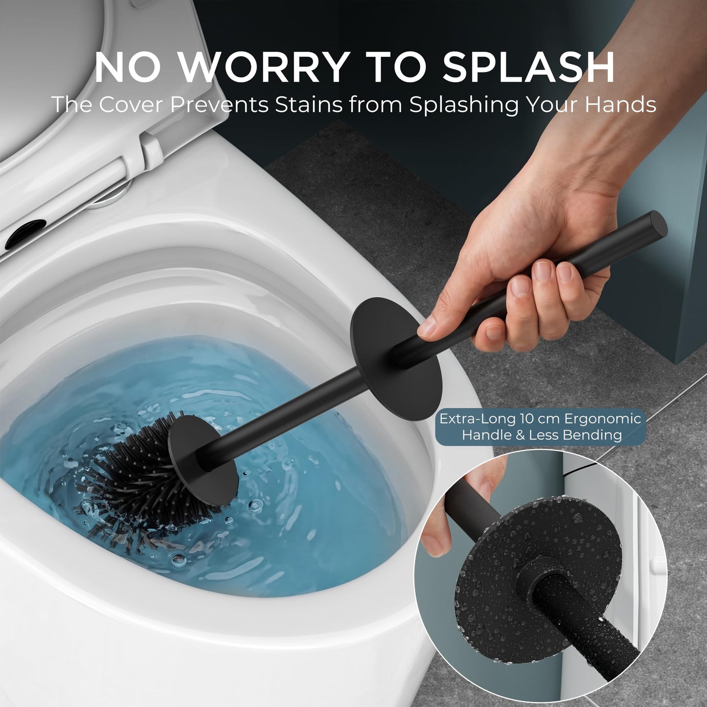 FORIOUS® Toilet Brush Silicone, 42cm Long Handle with 2 Brush Heads, Black