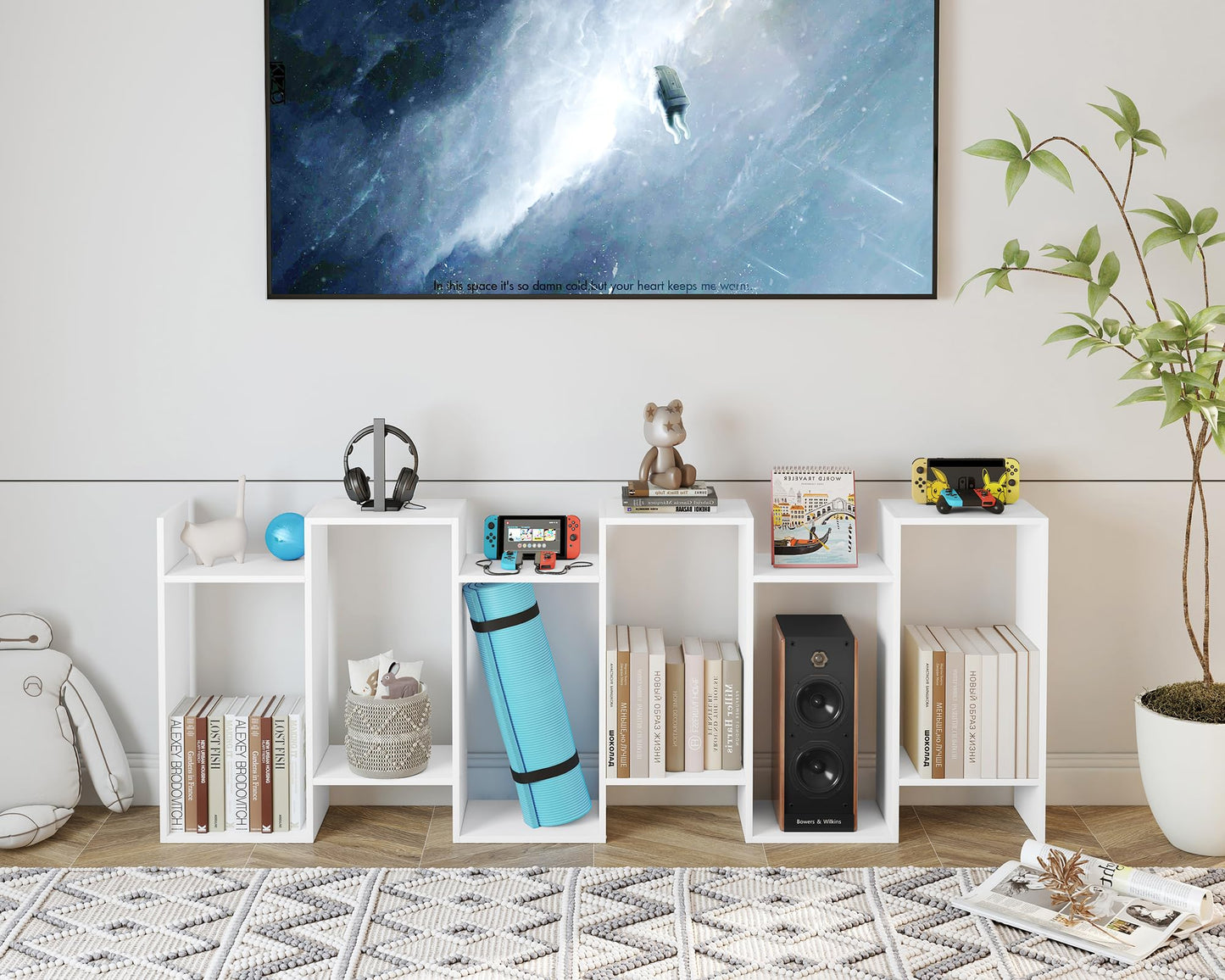 Yusong Bookshelf 6-Tier, Geometric Bookcase S Shaped Book Shelves for Bedroom, Modern Wood Decorative Display Shelf Tall Book Case for Home Office