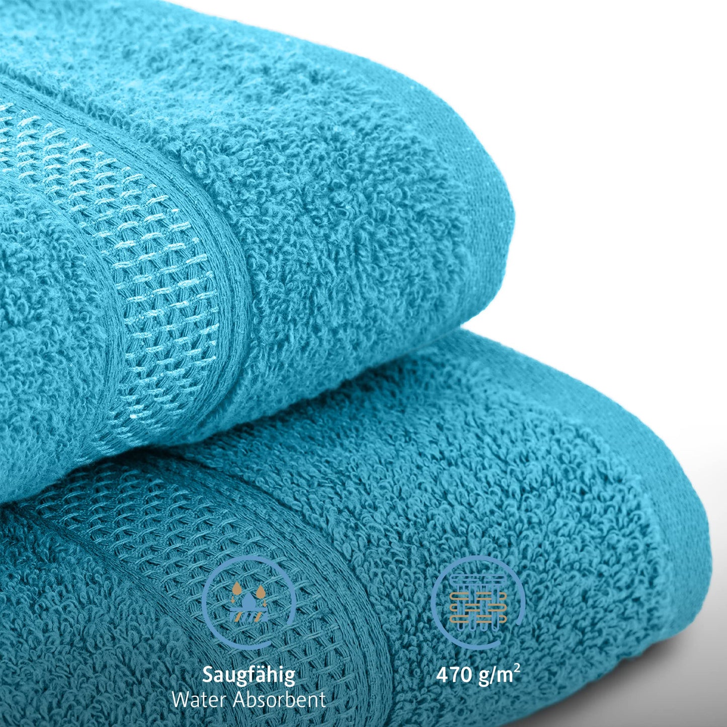 Komfortec Set of 8 100% Cotton Towels 470 g/m², 4 Bath Towels 70 x 140 cm and 4 Hand Towels 50 x 100 cm, Soft Terry Towelling, Large Size, Turquoise