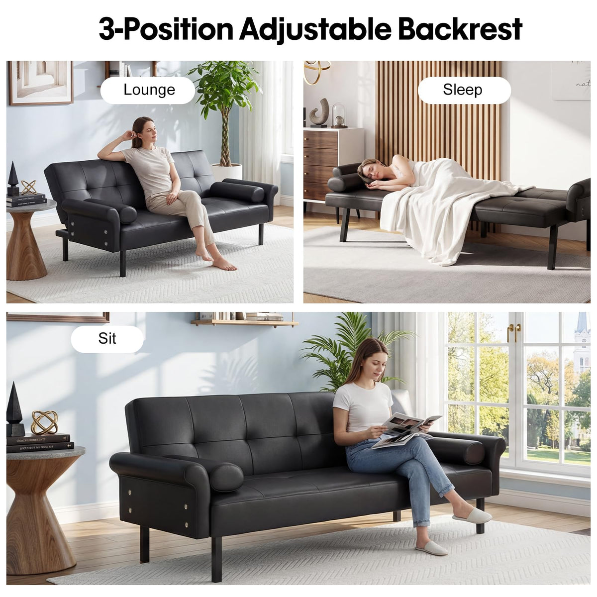 Panana Modern 3 Seater Sofa Bed, Faux Leather Upholstered Sofa bed with Metal Legs,Futon Recliner Lounge for Living Room, Spare Room, Bedroom