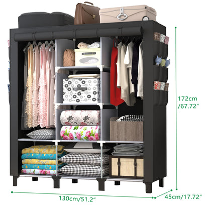 chunyangjingpin Portable Closet with 2 Hanging Rails & 8 Shelves, Bedroom Wardrobe with 18 Side Pockets, Foldable Garment Organiser Black