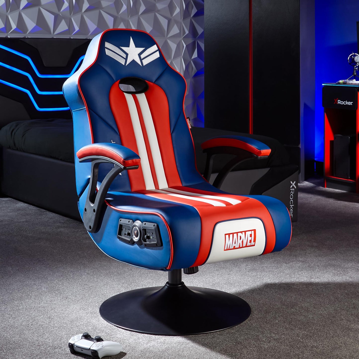 X-Rocker Marvel Captain America 2.1 Pedestal, Stereo Audio Gaming Chair - Bluetooth Connectivity, Reactive Vibration, Foldable Base