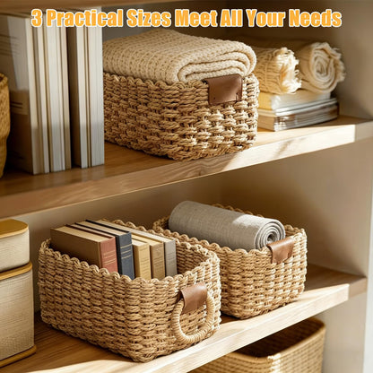 3 Set Woven Wicker Storage Baskets, Paper Rope Storage Boxes, Multifunctional Storage Baskets Empty, Decorative Bin Organizers