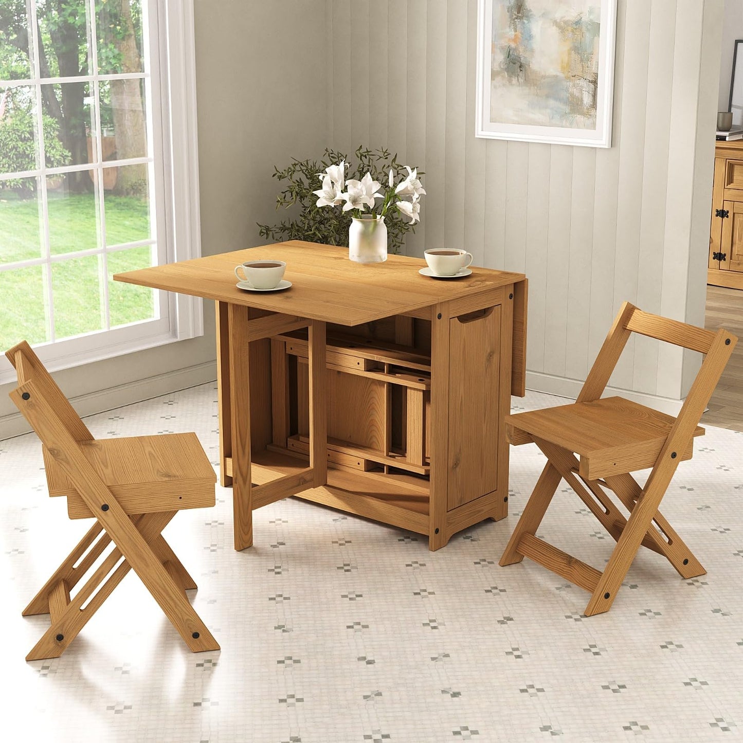 Mews Corona Butterfly Santos Dining Set 4 Seat Folding Drop Leaf Table with Chairs Solid Mexican Pine