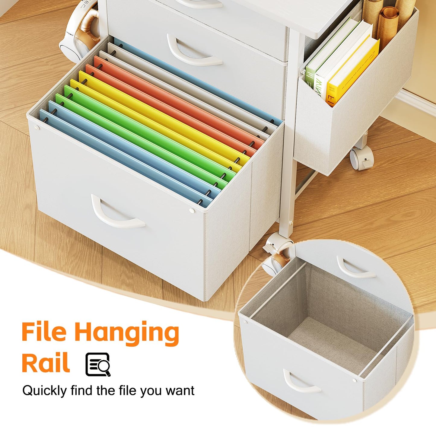 CAIYUN Filing Cabinet with 3 Fabric Drawers, Mobile File Cabinet on Wheels & Adjustable Feet, Rolling Under Desk Cabinet