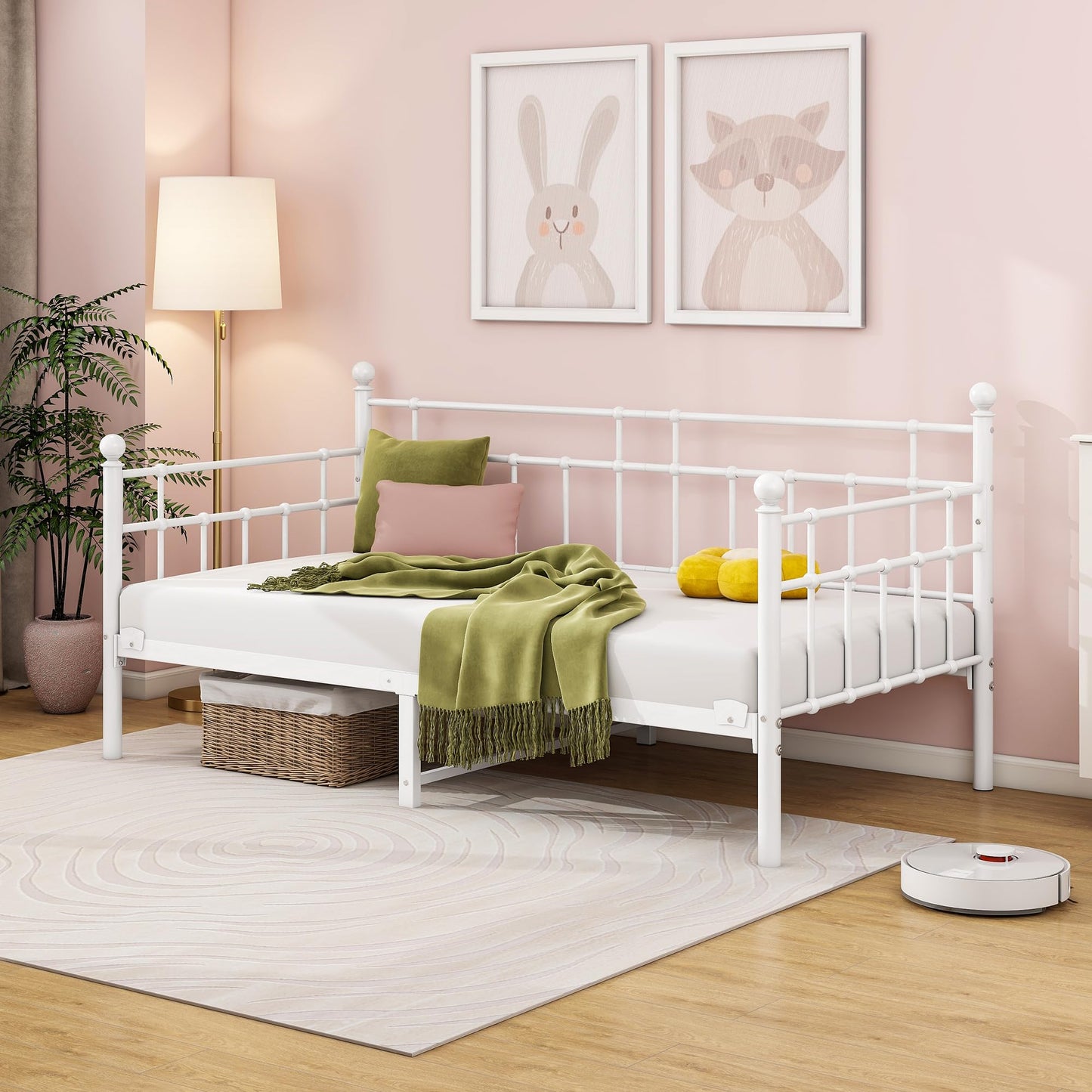 HOMERECOMMEND Single Daybed Frame 3ft Sofa Bed Steel Slats Platform,White