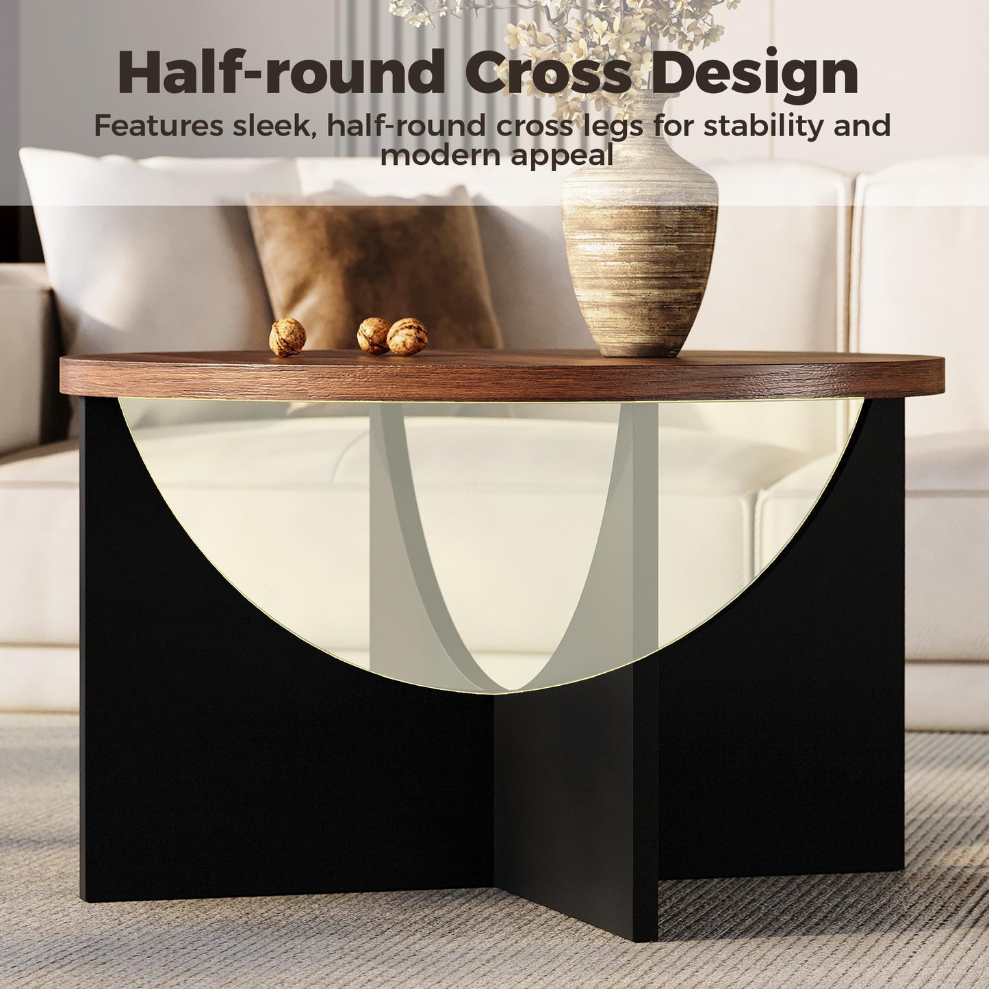 IRONCK Nesting Coffee Table Set of 2, Round Wooden Side Tables, Walnut