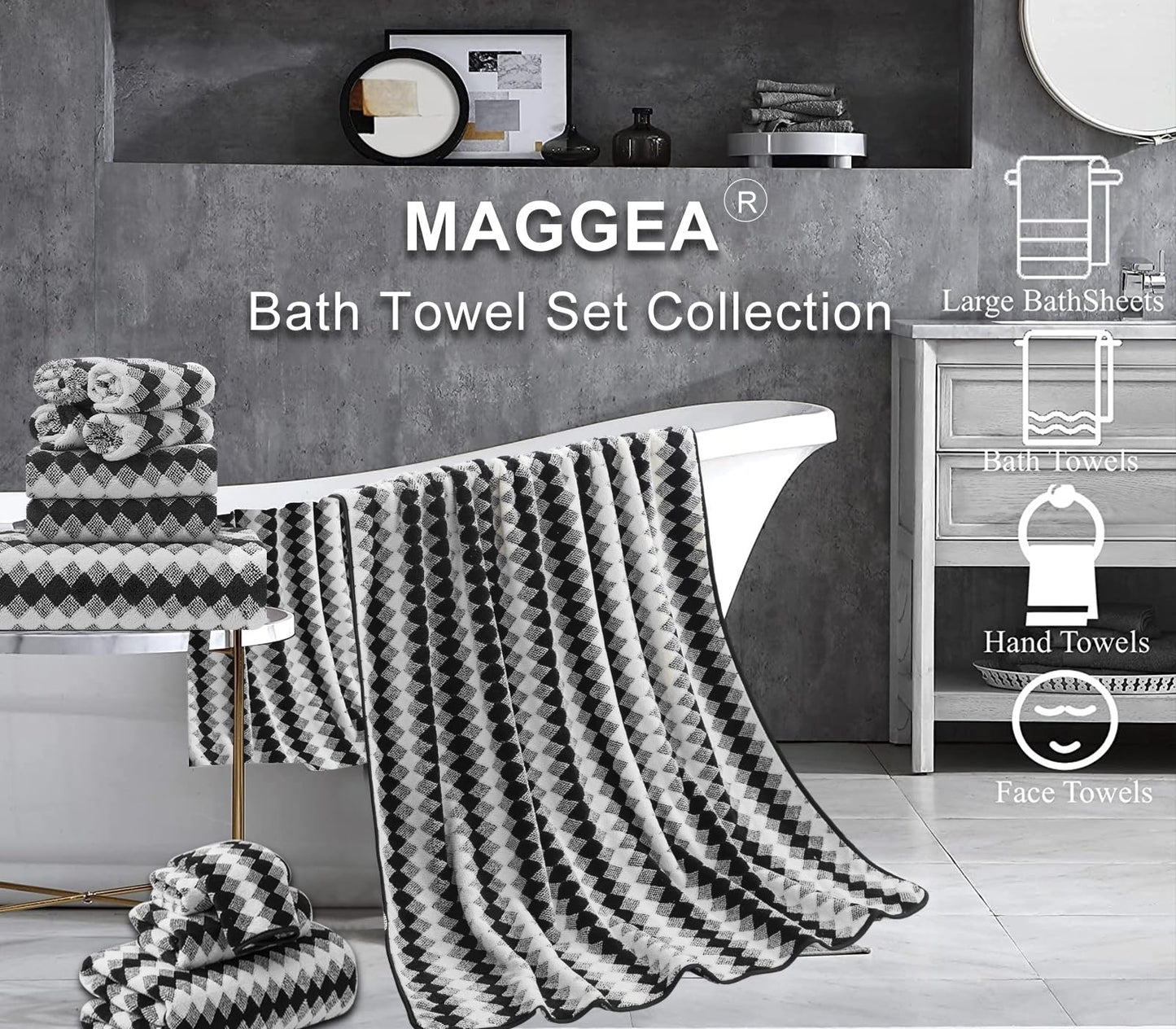 MAGGEA 2 Hand Towel Set 16"x31" Black White Towel Set for Bathroom,Highly Absorbent & Quick Dry Hand Towel for Daily Use,Soft Microfiber Multipurpose