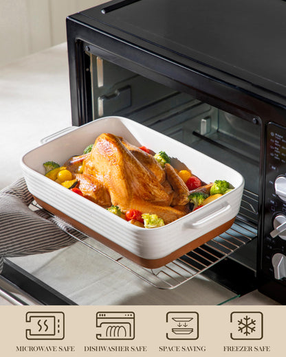 MALACASA Casserole Dishes for Oven, Ceramic Baking Dishes Set of 3, 1.45/2.7/3.8L Rectangular Baking Pan Set, Deep Lasagna Pan with Handles, Khaki