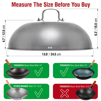 YOSUKATA Wok Lid 34.5 cm for 36 cm Wok - Premium Stainless Pan Cover - Tempered Glass Insert Steam Holes - Ergonomic Handle - Durable Asian