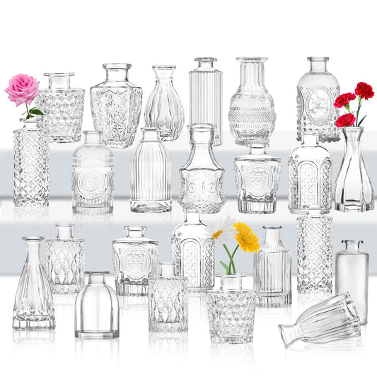 Glass Bud Vase Set 24, Small Flower Vases for Wedding Centerpiece Table Decorations Clear Vintage Embossed Mini Flower Arrangements in for Party or