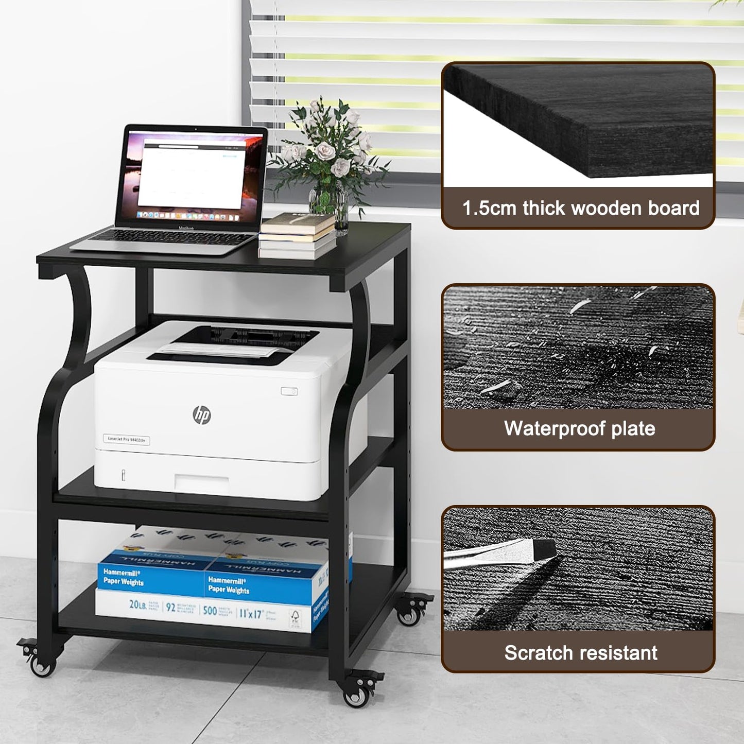 PUNCIA 3-Tier Movable Printer Stand Table with Storage for Home Office