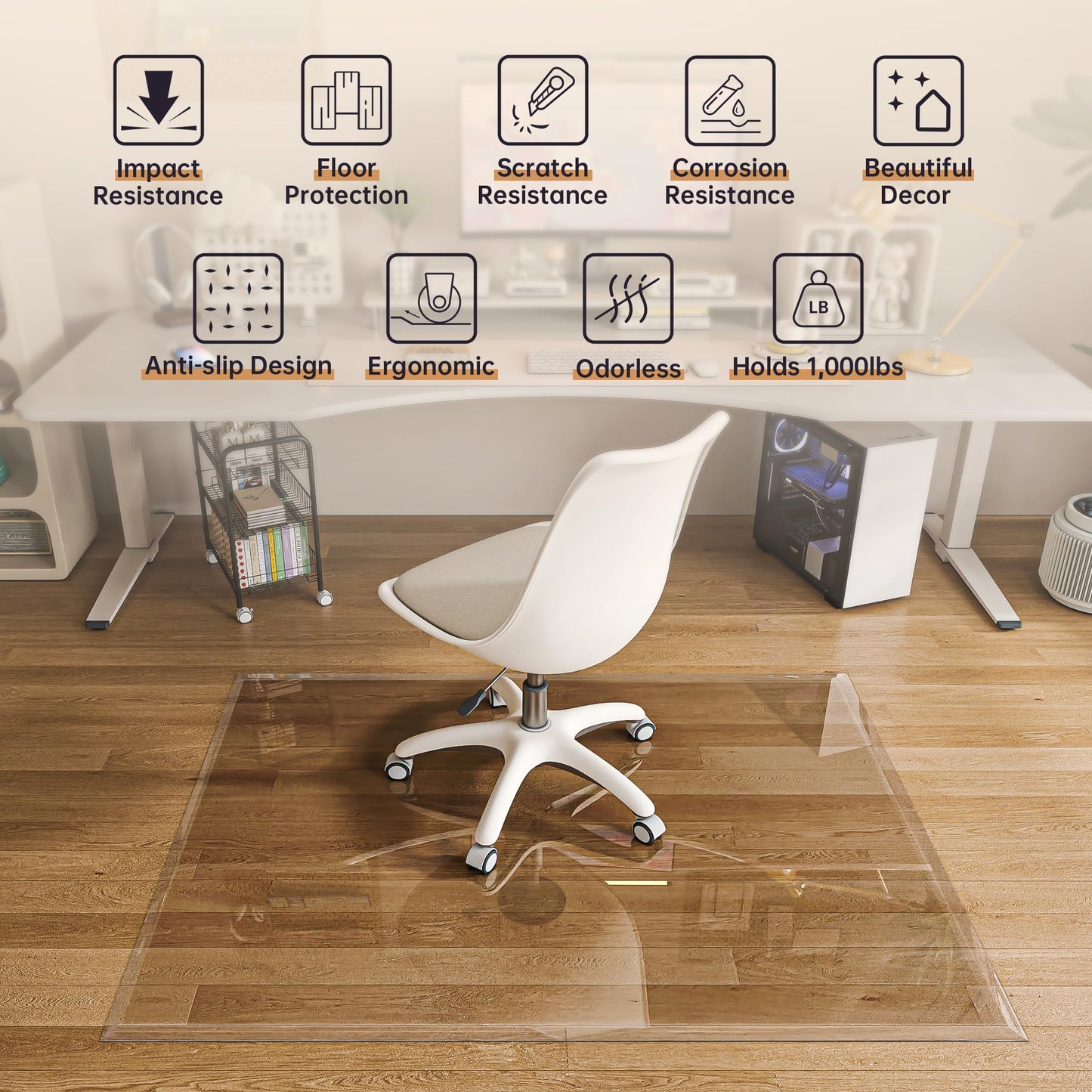 [Tempered Glass] 140 x 116cm Beveled Edge Glass Chair Mat with Polished Edge Clear Office Chair Mat, Glides Smoothly