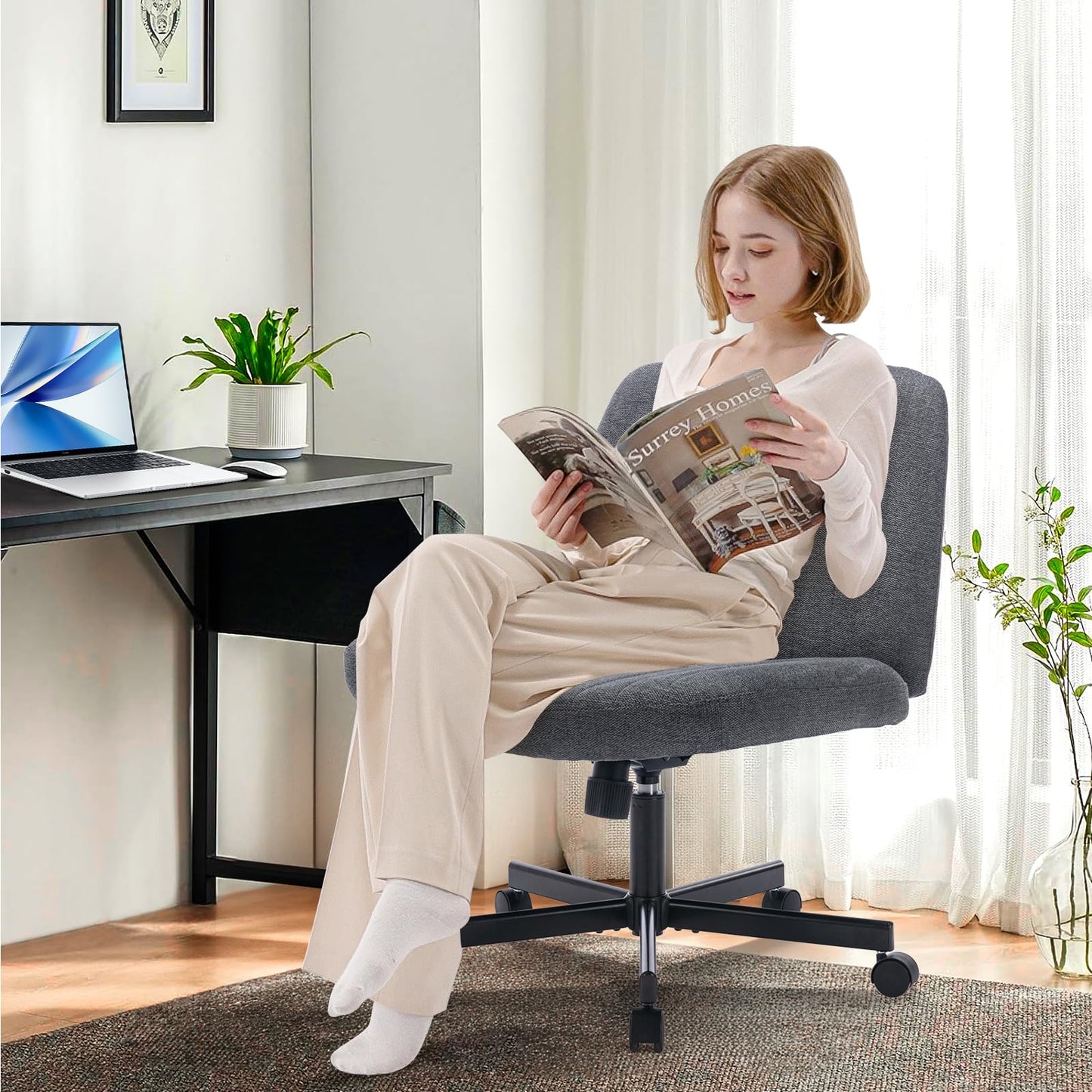COLAMY Wide Office Chair, Padded Armless Task Vanity Chair Swivel Home Office Desk Chair 115°Rocking Mid Back Ergonomic Computer Chair for Home