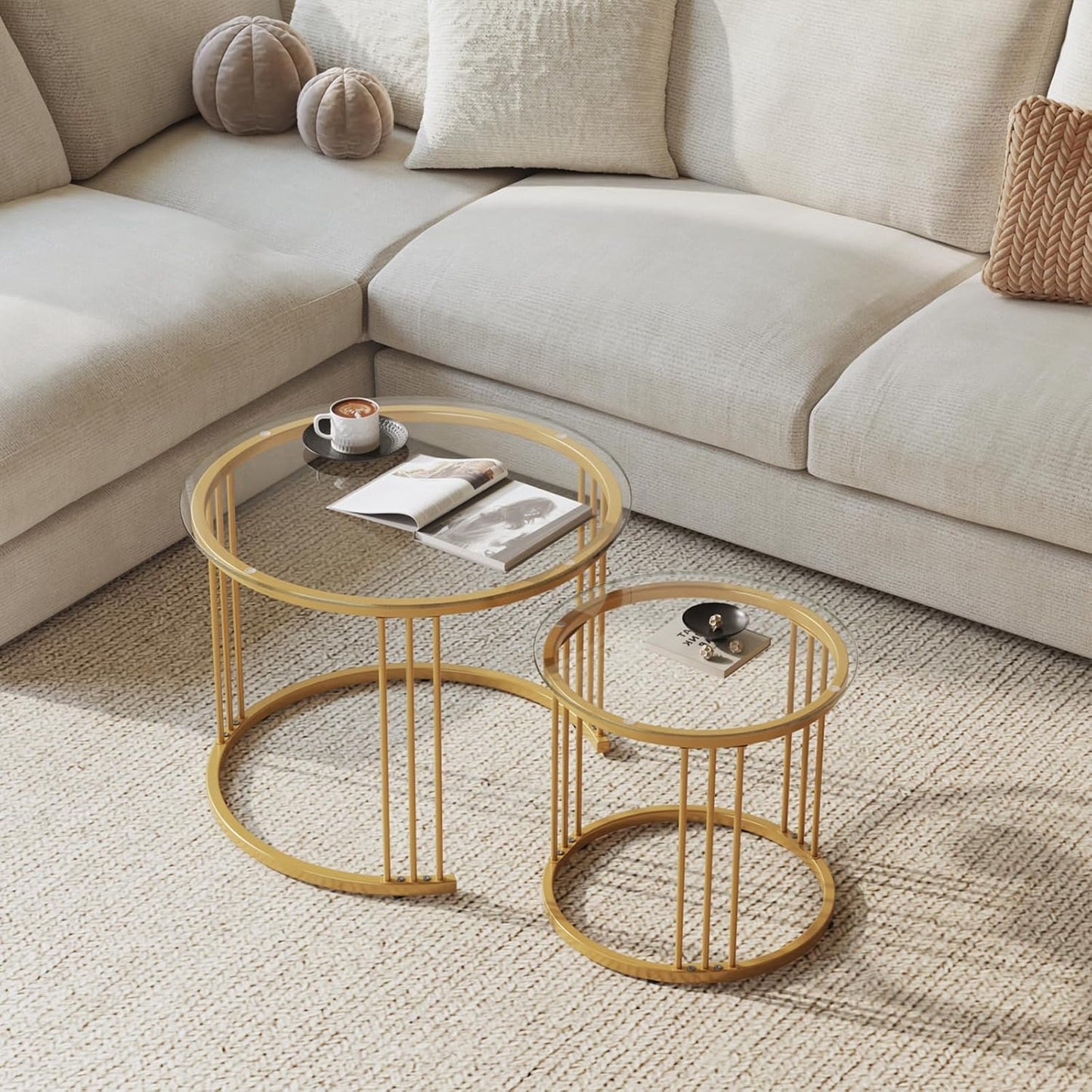 Huhote Round Coffee Tables, Set of 2 End Table, Nesting Tables, Side Table with Metal Frame for Living Room/Bedroom/Balcony/Office/Apartment