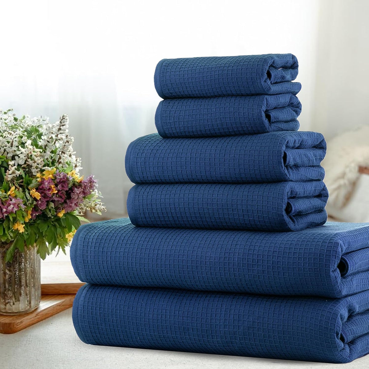 CASA COPENHAGEN Waffle Terry 6-piece Set, Cotton, Extra Large, Luxurious, Navy Blue, 2 Bath Towels XL, 70x140 cm, 2 Large Hand Towels, 50x80 cm