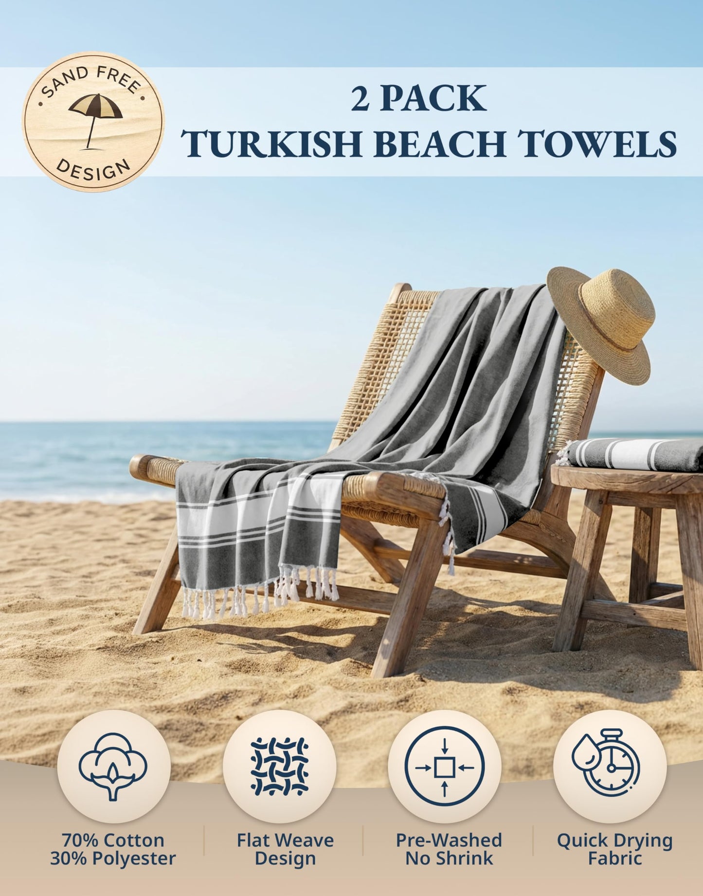 LANE LINEN 2 Pack Large Beach Towels, Oversized, Pre-Washed, No-Shrink Sand Free, Quick Dry, Lightweight Travel Towel, Soft Beach Bath Towel, 39"x71"