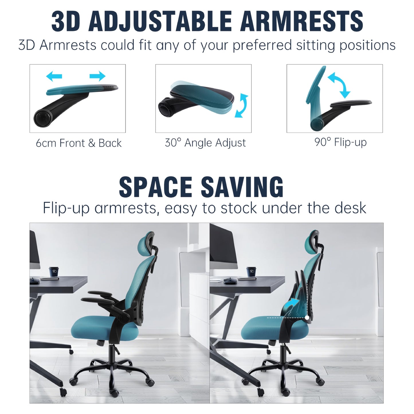 GGCIR Office Chair with Headrest,Mesh Desk Chair with Flip-up Armrests,90-120° Rocking Function,Ergonomic Computer Chairs 150KG(Blue)