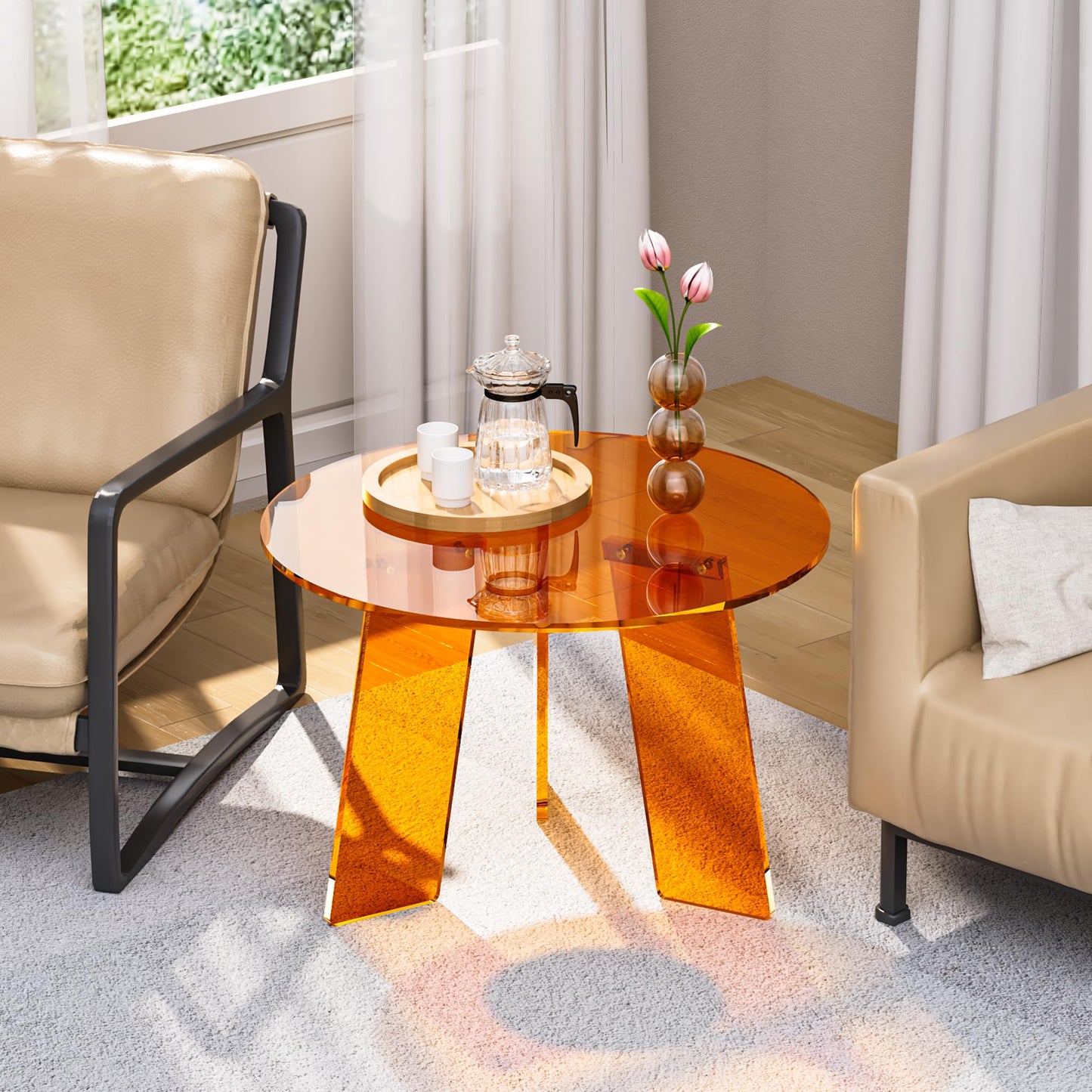 Dewrhiixe Acrylic Round Coffee Table, Clear Circle Modern Lucite Side Table for Living Room, Bedroom, Office (Orange, 60×60×40 cm)